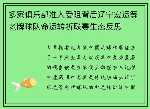 多家俱乐部准入受阻背后辽宁宏运等老牌球队命运转折联赛生态反思 多家俱乐部准入受阻背后辽宁宏运等老牌球队命运转折联赛生态反思
